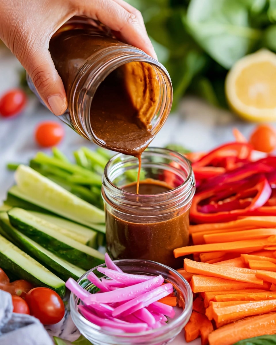 A woman's hand pours thick, brown sauce from one glass jar into another, placed at the center of an arrangement of fresh vegetables. Around the jars, there are bright green cucumber sticks, red bell pepper strips, and small orange carrot sticks. A small glass bowl of thinly sliced bright pink pickled onions is near the bottom left, with a few cherry tomatoes scattered around. In the background, blurred green leafy vegetables and a lemon wedge can be seen on a white marbled surface. The photo taken with an iphone --ar 4:5 --v 7