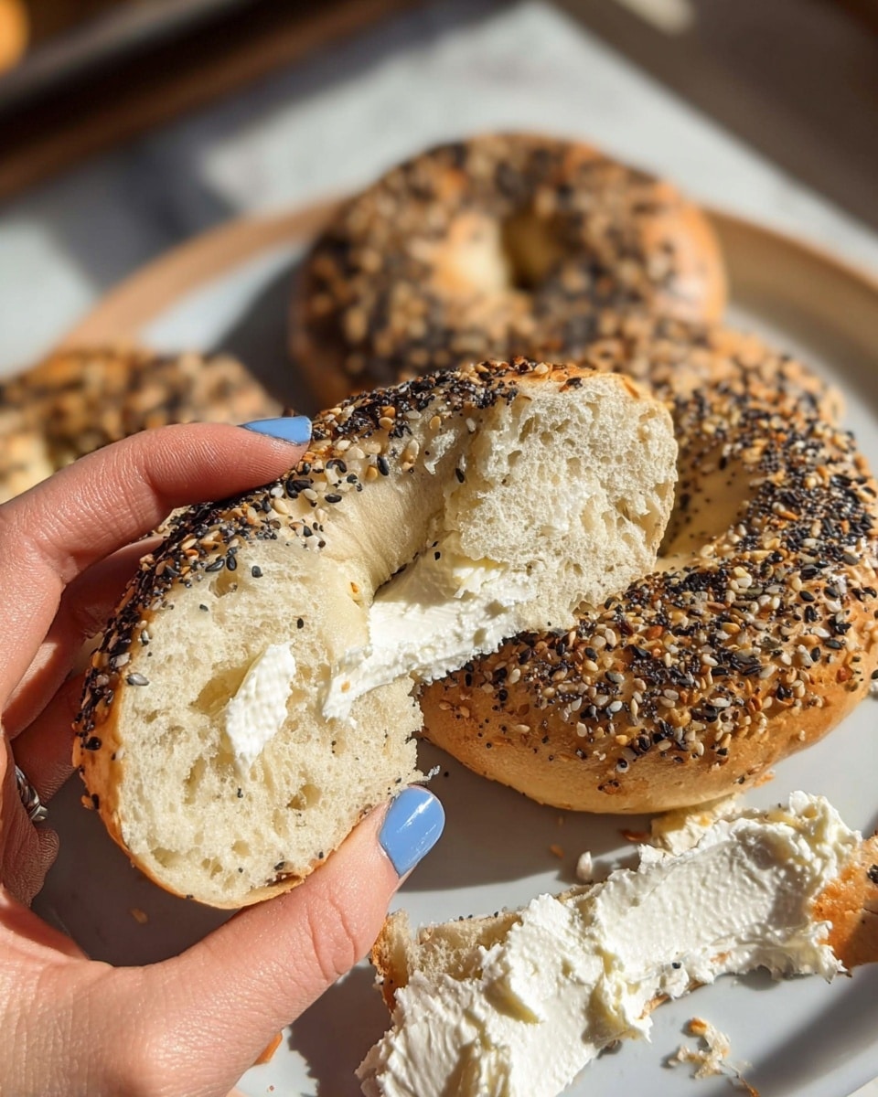 A close-up of a sesame and poppy seed bagel held by a woman's hand with blue painted nails, showing a soft, fluffy inside with small air pockets. The bagel is sliced open with one half spread with a thick layer of white cream cheese, placed on a white plate beneath the hand. In the background, two more whole seeded bagels sit on the white plate, all set on a white marbled surface with a warm natural light highlighting the textures. photo taken with an iphone --ar 4:5 --v 7