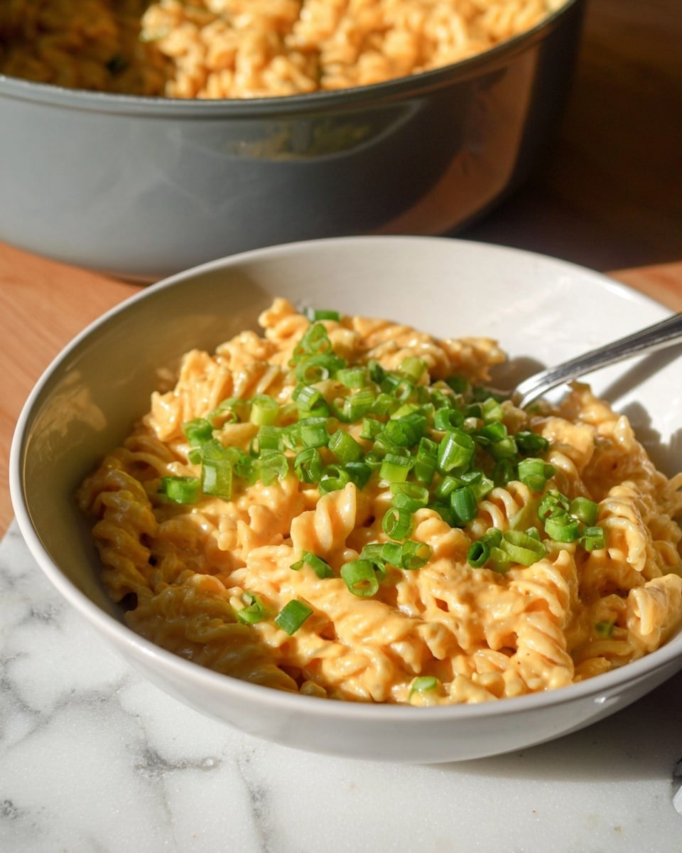 A white bowl filled with creamy orange pasta with spiral shapes sits on a white marbled surface. On top of the pasta is a fresh layer of chopped green onions spread evenly. A silver spoon is placed inside the bowl on the right side. In the background, a large gray pot containing more of the same pasta is slightly out of focus. The image is bright with natural light highlighting the creamy texture of the pasta and the fresh green of the onion. Photo taken with an iphone --ar 4:5 --v 7