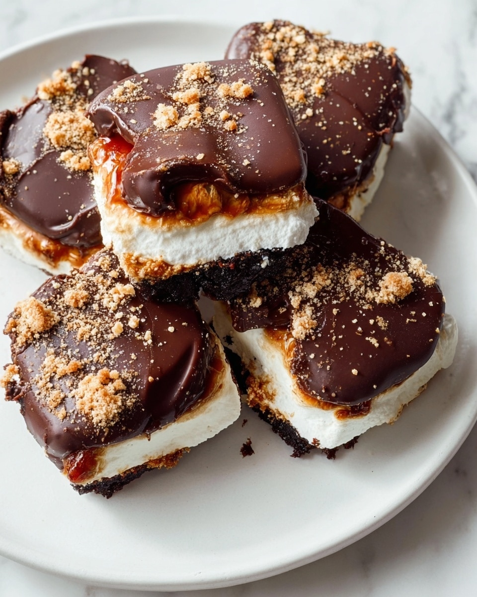 A close-up image shows a treat being held by a woman's hand with long, shiny pink nails. The treat has three visible layers: on top is a dark brown chocolate layer with small cookie crumbs, below it is a rough, crumbly light brown biscuit layer, and then a thick white cream layer in the middle. Under the cream, there is a sticky, dark caramel-like layer, and the base layer looks like another biscuit. The treat is halved to show the inside layers clearly. In the background, more of these layered treats are placed on a white plate with a white marbled surface beneath. photo taken with an iphone --ar 4:5 --v 7