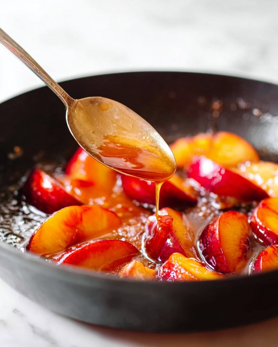 A black pan holds several golden brown peach slices that are shiny and cooked, sitting in a thick amber sauce. Above the pan, a silver spoon drips the glossy sauce onto one peach slice, highlighting its warm orange and red tones. The background features a white marbled texture, emphasizing the vibrant colors of the fruit and sauce. photo taken with an iphone --ar 4:5 --v 7