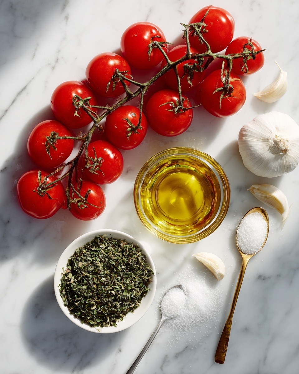 A cluster of bright red cherry tomatoes with green stems is spread out on the top left side, casting soft shadows on the white marbled surface. In the center, there is a small clear glass bowl filled with golden yellow oil. To the right, two white garlic cloves rest closely together. Below the garlic, a brass spoon holds coarse white salt, while below the oil bowl, a white measuring spoon contains fine white sugar. At the bottom left, a small white bowl is filled with finely chopped green oregano. Each ingredient is labeled with clear black text on white rectangular backgrounds, arranged neatly around the items on the white marbled surface, photo taken with an iphone --ar 4:5 --v 7