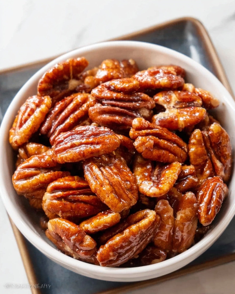 The image shows a white bowl filled with shiny, caramel-colored pecan nuts that have a glazed texture, making them look sweet and sticky. The bowl sits on a dark tray that is placed on a white marbled surface. The pecans are piled high, filling the bowl completely, and you can see the grooves and ridges of each nut clearly. The lighting highlights the glossy surface of the pecans, giving them a warm, inviting look photo taken with an iphone --ar 4:5 --v 7