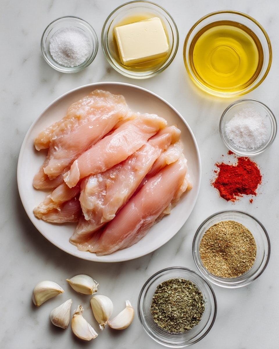 A white round plate is filled with several raw chicken tenders, light pink in color and laid out side by side, showing smooth texture. Around the plate, there are small clear glass bowls containing different ingredients: a small bowl with golden olive oil, a bowl with a thick piece of pale yellow butter, a bowl with white salt and black pepper mix, a bowl with reddish paprika powder, and a bowl with green dried Italian seasoning herbs. Below these bowls, four whole garlic cloves with their skins on are placed on a white marbled background. The photo taken with an iphone --ar 4:5 --v 7
