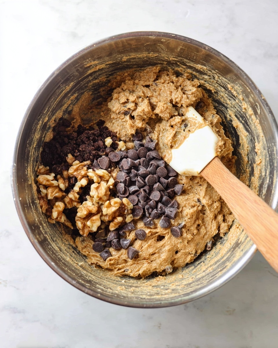 A metal mixing bowl sits on a white marbled surface filled with thick, light brown batter that has a rough texture. On top of the batter, there are two clear piles: one of dark brown chocolate chips and another of light brown walnut pieces. A wooden spatula with a white silicone head rests inside the bowl, partially covered with the batter. photo taken with an iphone --ar 4:5 --v 7