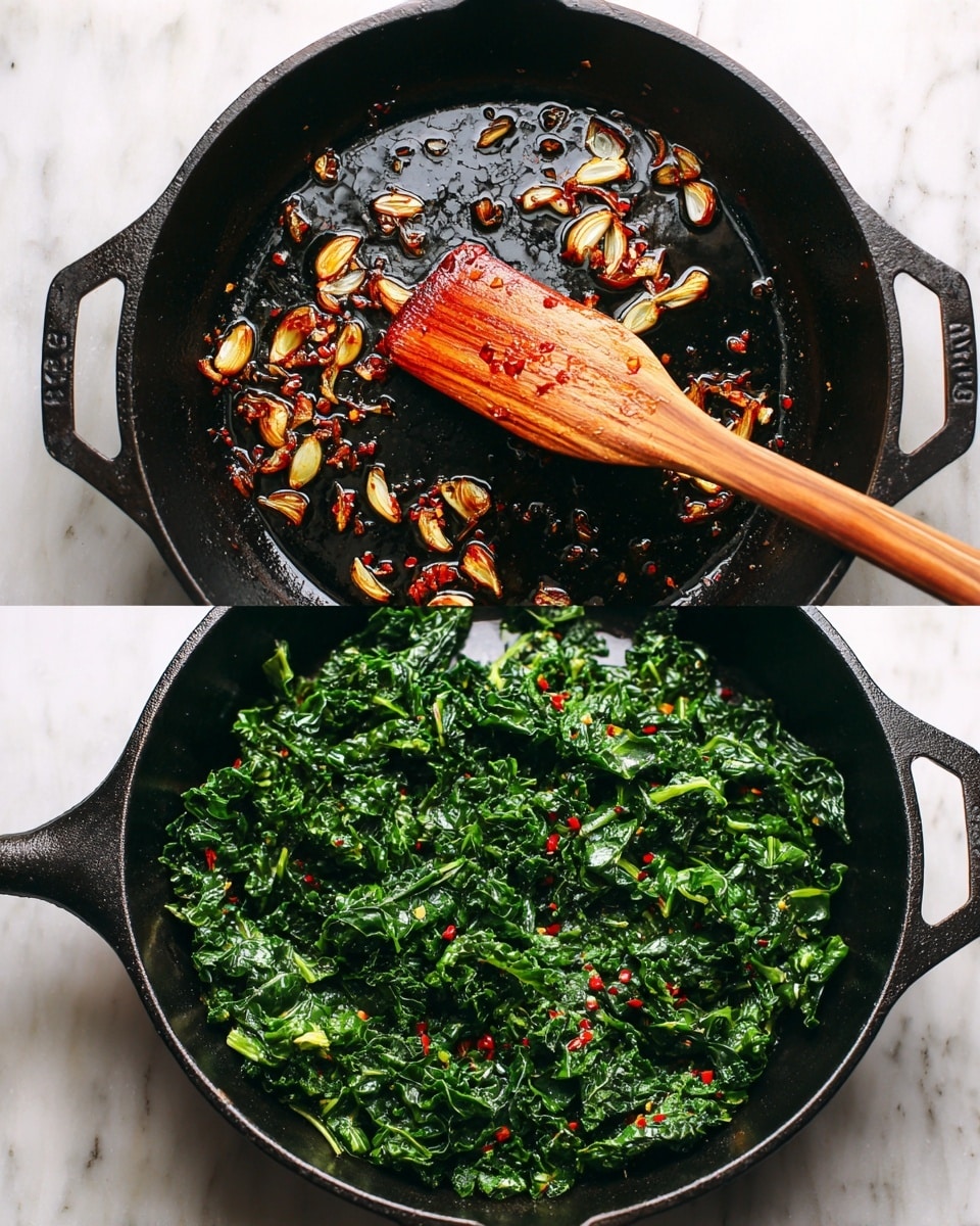 A black cast iron pan is shown from above on a white marbled surface. In the first image, thin light brown slices of garlic and small red pepper flakes are sizzling in dark, shiny oil that covers the pan's base. A wooden spatula with a slightly reddish burnt tip lies inside the pan, positioned diagonally. In the second image, the same pan holds cooked deep green wilted kale pieces spread evenly across the pan's surface with some shiny oil patches visible. The wooden spatula remains inside, resting diagonally over the kale. Photo taken with an iphone --ar 4:5 --v 7