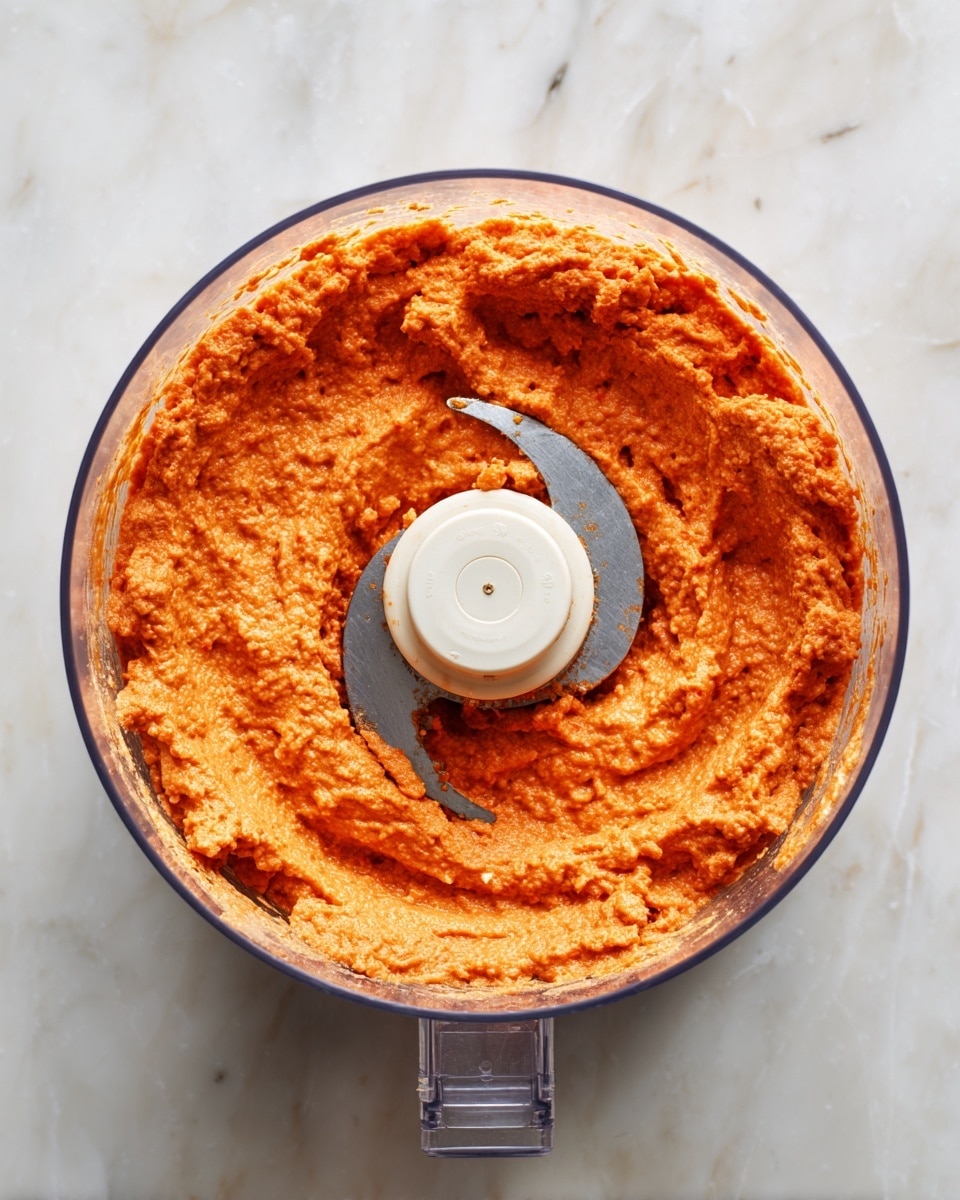 This image shows a close-up top view of a food processor bowl filled with a thick, smooth mixture that is orange-red in color. The mixture has a slightly chunky texture with tiny bits throughout and appears creamy and well-blended. The food processor bowl is clear plastic with a white center blade attachment in the middle. The whole setup sits on a surface with a white marbled texture. photo taken with an iphone --ar 4:5 --v 7