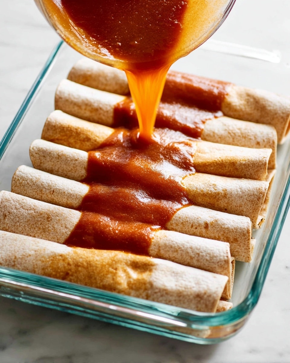 A glass tray holds eight rolled tortillas laid in two rows, each tortilla light brown with a soft texture. A thick reddish-orange sauce is being poured from above, spreading over the tortillas in a smooth layer. The tray sits on a white marbled surface with a clean, bright background. The sauce forms a shiny, slightly textured layer contrasting with the matte tortillas. Photo taken with an iphone --ar 4:5 --v 7