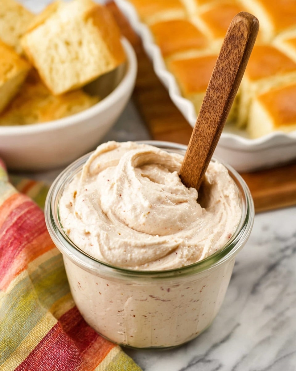 A clear glass jar filled with a thick, creamy light beige spread that has a smooth and slightly whipped texture, with small specks of seasoning visible throughout. Inside the jar, there is a wooden spoon standing upright, partially dipped into the spread. In the background, there are soft golden-yellow biscuit pieces placed inside a white bowl, and a round baking dish with square pieces of biscuit bread showing a light golden crust. The scene is set on a white marbled surface with a colorful striped cloth underneath the jar and baking dish. photo taken with an iphone --ar 4:5 --v 7