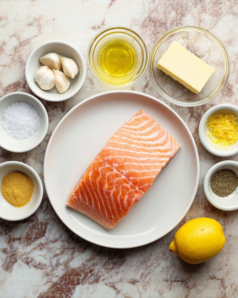 A raw salmon fillet with soft pink and orange colors and white lines lies in the center of a white plate. Around the plate, there are six small white bowls containing three whole garlic cloves, a yellow powder, black pepper, salt, and yellow lemon zest. To the right of the plate, there is a glass bowl with a light yellow stick of butter, a small metal cup with olive oil, and a whole bright yellow lemon. All items rest on a surface with a white marbled texture. Photo taken with an iphone --ar 4:5 --v 7
