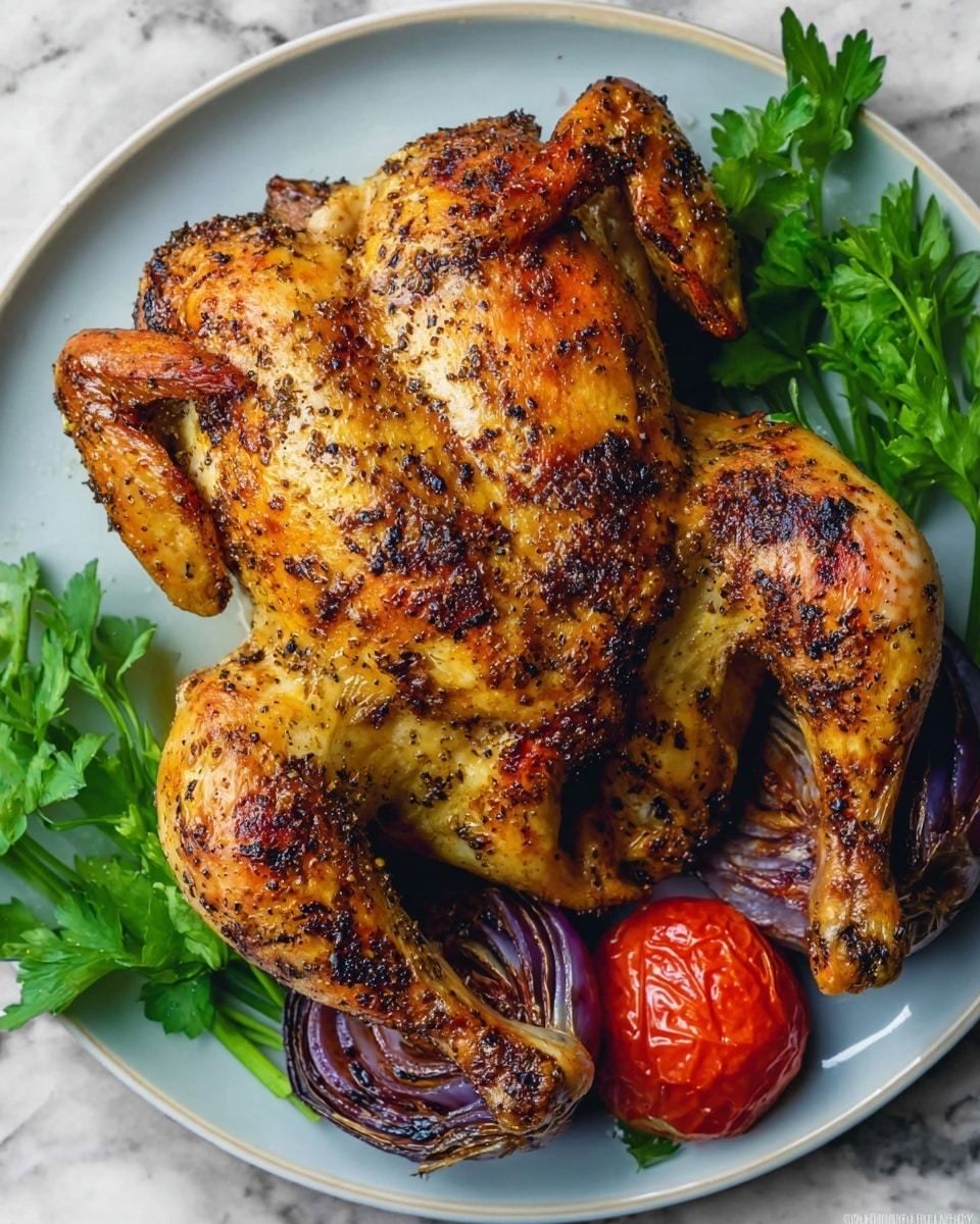 A whole roasted chicken with golden brown, crispy skin covered in specks of black seasoning sits in the center of a white plate. The chicken is spread out flat, showing both wings and legs with a shiny, slightly oily texture. Around the chicken, there are two charred red onion halves with deep purple and black grill marks on their surface. A red roasted tomato with a slightly wrinkled skin and dark spots rests near the bottom edge of the plate. Green fresh parsley leaves with visible veins are placed on the sides, adding a bright contrast. The white plate sits on a white marbled surface. photo taken with an iphone --ar 4:5 --v 7