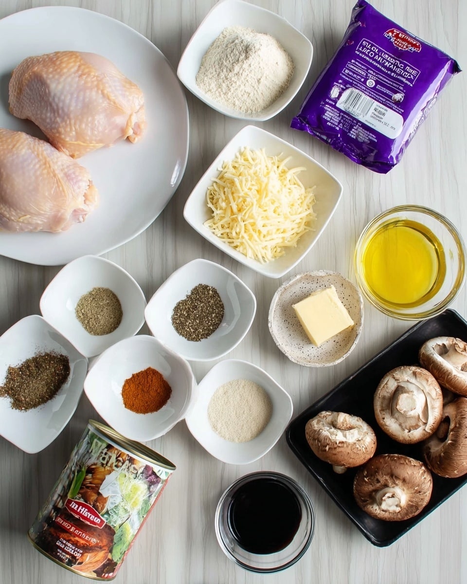 The image shows a top view of various cooking ingredients placed on a white marbled surface. On the left is a white plate holding two raw chicken pieces with a smooth, pale pink texture. Next to it, in small white square bowls, are shredded pale yellow cheese, two sets of mixed dry spices displaying a variety of colors including black, red, beige, and white, and a small scoop of light beige flour in a round white bowl. A purple-wrapped package of shredded Monterey Jack cheese lies partially open near the center. To the right are a small clear bowl of black liquid, a small clear bowl containing a pale yellow cube of butter, a slightly larger white round bowl filled with yellow olive oil, and a black tray holding three large, textured brown mushrooms. A can of vegetable broth with a colorful label sits in the lower right corner. photo taken with an iphone --ar 4:5 --v 7