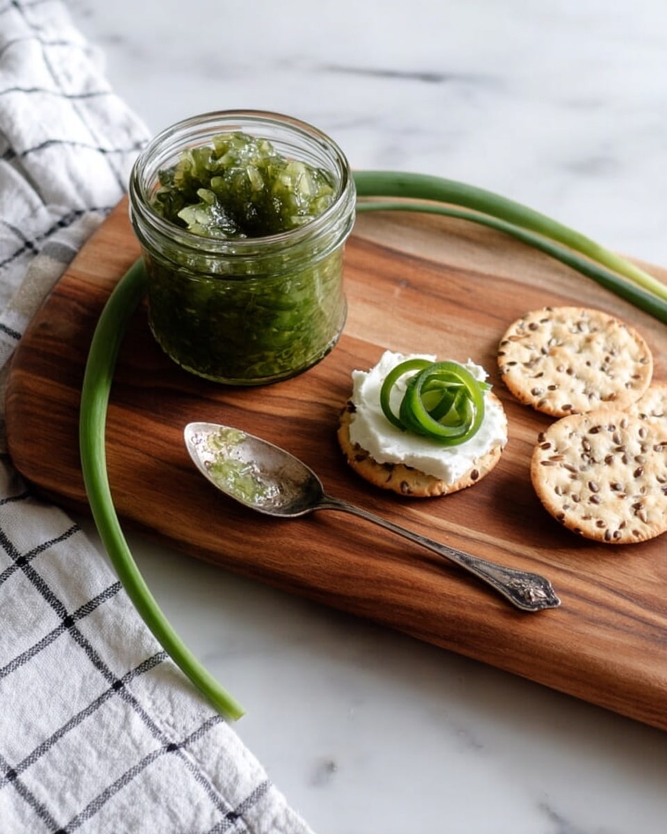 A wooden board sits on a white marbled surface, holding a small glass jar filled with green sauce or relish. Next to the jar are three light brown crackers with visible seeds, one cracker topped with a thick white spread and a spoonful of the green sauce. A long, green spiral garlic scape curves across the board, and a vintage silver spoon lies at the board’s edge. A white cloth with a black checkered pattern is partly visible on the left side. Photo taken with an iphone --ar 4:5 --v 7
