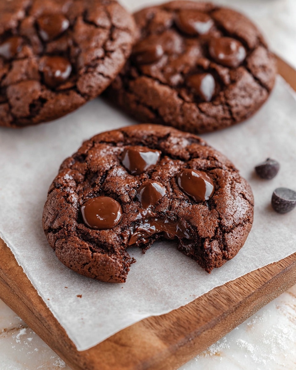 Three thick chocolate cookies with a cracked texture, each topped with several large, glossy chocolate chips. One cookie is in the front with a bite taken out, showing a rich, gooey center. The cookies rest on a sheet of white parchment paper, placed on a wooden board with a white marbled textured surface beneath. A few loose chocolate chips are scattered near the cookies. photo taken with an iphone --ar 4:5 --v 7