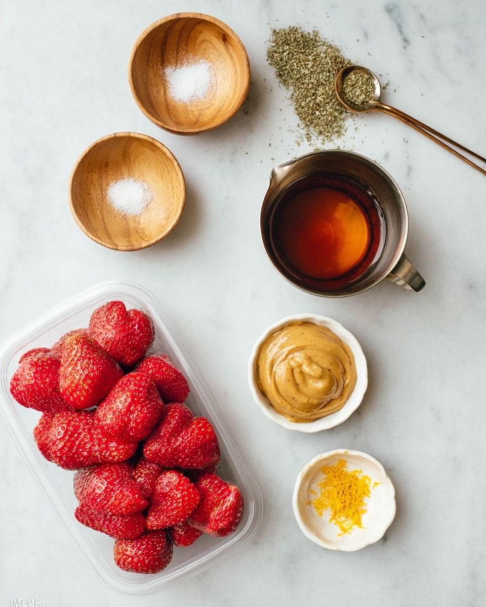 A white marbled surface holds various ingredients neatly spread out: a clear plastic container filled with bright red strawberries at the bottom left, a small white wooden bowl with light brown peanut butter to the right of the container, a shiny metal measuring cup filled with a dark amber liquid positioned above the peanut butter, and a metal measuring spoon spilling green dried herbs to the upper right. Above the strawberries, three light wooden small bowls hold different ingredients: the top one is empty but shiny, the middle one has white granulated salt, and the bottom one with bright yellow orange zest. photo taken with an iphone --ar 4:5 --v 7