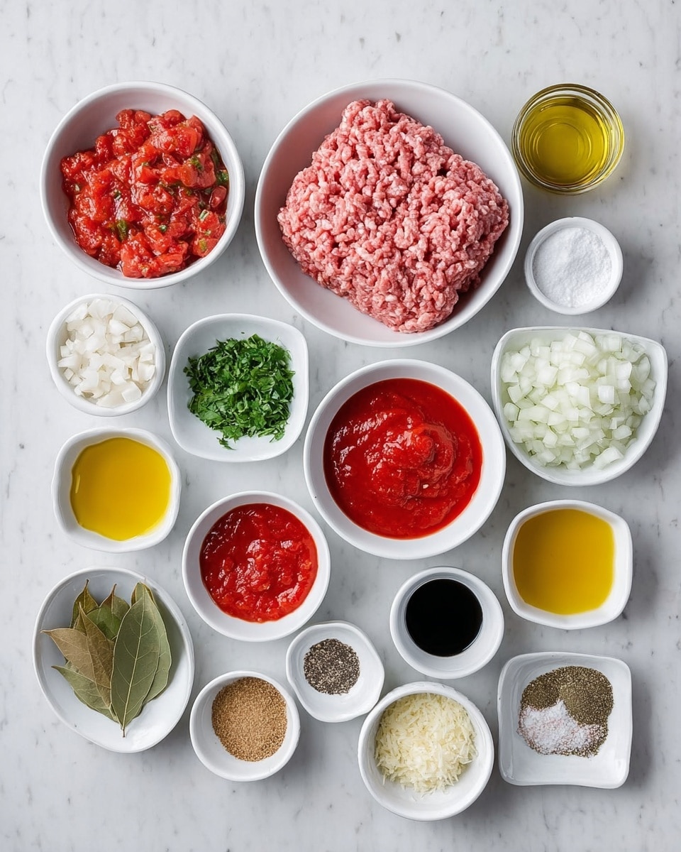 The image shows many small white bowls with different cooking ingredients arranged neatly on a white marbled surface. There are two larger bowls with raw ground meat, both pink with a slightly coarse texture, placed near the center, one slightly lighter in color. Around these are smaller bowls filled with diced white onions, chopped green herbs, crushed garlic, and whole bay leaves. There are sauces and liquids: bright red tomato paste, chunky red tomato pieces, golden yellow cooking oil, clear water, and dark soy sauce. Several small bowls hold different dry spices in shades of light brown, yellow, and mixed herbs, as well as salt and black pepper. The arrangement is clean and bright with a focus on the varied colors and textures of the ingredients. Photo taken with an iphone --ar 4:5 --v 7