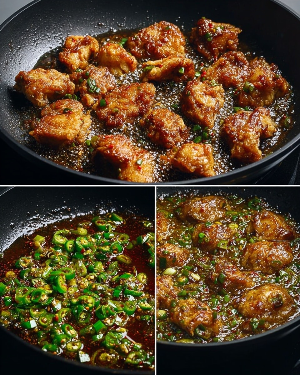 In a black pan, golden-brown fried chicken pieces form the first layer, arranged closely but not overlapping, showing a crispy texture. The second layer features chopped green chilies scattered evenly across the black pan, bright and fresh with a slight shine. In the third layer, a glossy brown sauce with bubbling oil and tiny green chili pieces spreads thinly across the black pan’s surface. The final layer shows the chicken pieces returned to the pan, now coated with the rich brown sauce mixed with chopped green chilies, giving the dish a shiny and textured look. Photo taken with an iphone --ar 4:5 --v 7