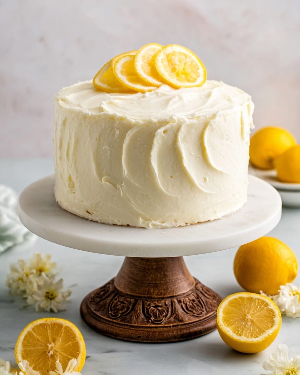 A two-layer round cake is covered with thick, creamy white frosting that has smooth, swirled textures all around. The top of the cake shows gentle waves of frosting with three thin lemon slices placed neatly in the center. The cake sits on a white marble cake stand with a carved wooden base. Around the stand, there are whole and halved yellow lemons on a white marbled surface and a soft white marbled background. photo taken with an iphone --ar 4:5 --v 7