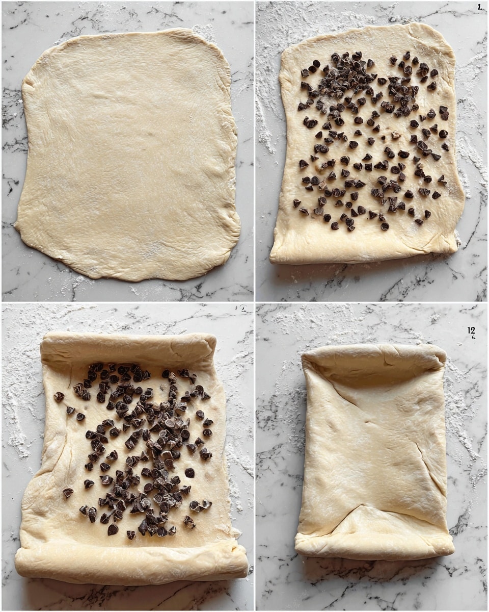 The image shows four steps of making a pastry on a white marbled surface. The first step shows a flat, unevenly stretched dough sheet with a light beige color and smooth texture. In the second step, the dough is covered with scattered dark chocolate chips and chunks evenly spread on top. The third step shows the dough with the bottom edge folded up halfway, partially covering some chocolate pieces, keeping the top edge open. The fourth step shows the folded dough now fully wrapped by folding the top edge over the middle, creating a thick rectangular dough parcel with chocolate hidden inside. Photo taken with an iphone --ar 4:5 --v 7