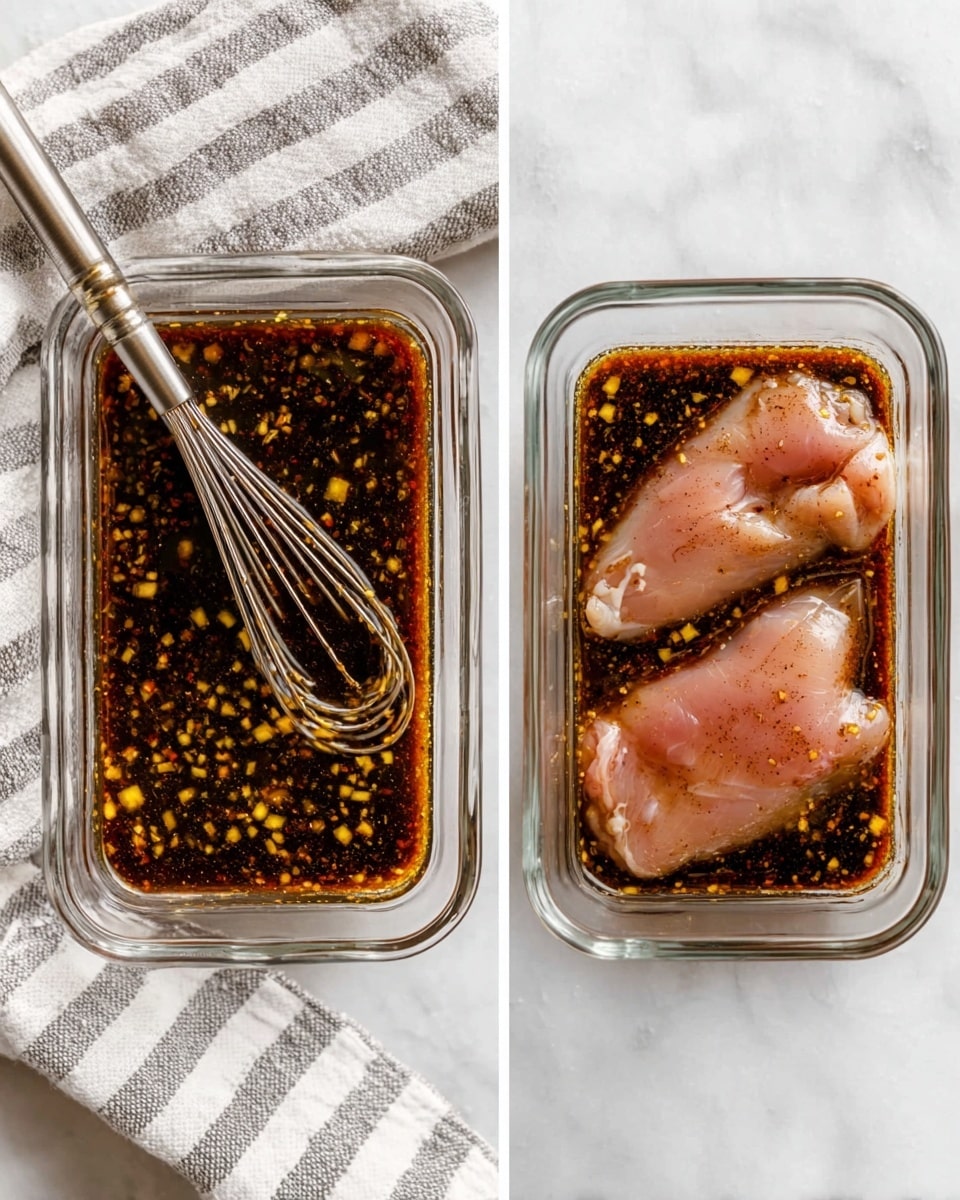 The image shows two clear rectangular glass containers on a white marbled surface. The left container is filled with a dark marinade sauce that has small yellow chunks evenly spread through it, with a silver whisk resting inside. The right container holds a similar dark marinade with the same yellow chunks, but here there are three raw pieces of pink chicken submerged in the sauce. Both containers are placed next to a white cloth with grey stripes. Photo taken with an iphone --ar 4:5 --v 7