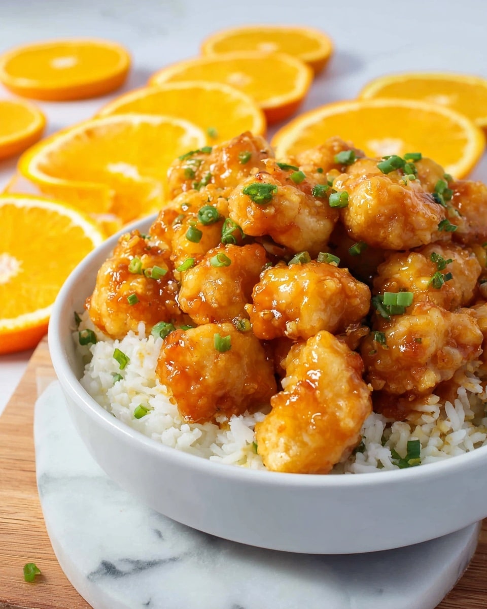 A white bowl filled with two layers: the bottom layer is white, fluffy rice and the top layer is bite-sized pieces of golden fried chicken coated in a shiny, sticky orange sauce. The chicken is sprinkled with small green chopped scallions. The bowl sits on a white marbled surface with several orange slices around it, some lying flat and some standing upright at the back, creating a bright, fresh background effect. Photo taken with an iphone --ar 4:5 --v 7