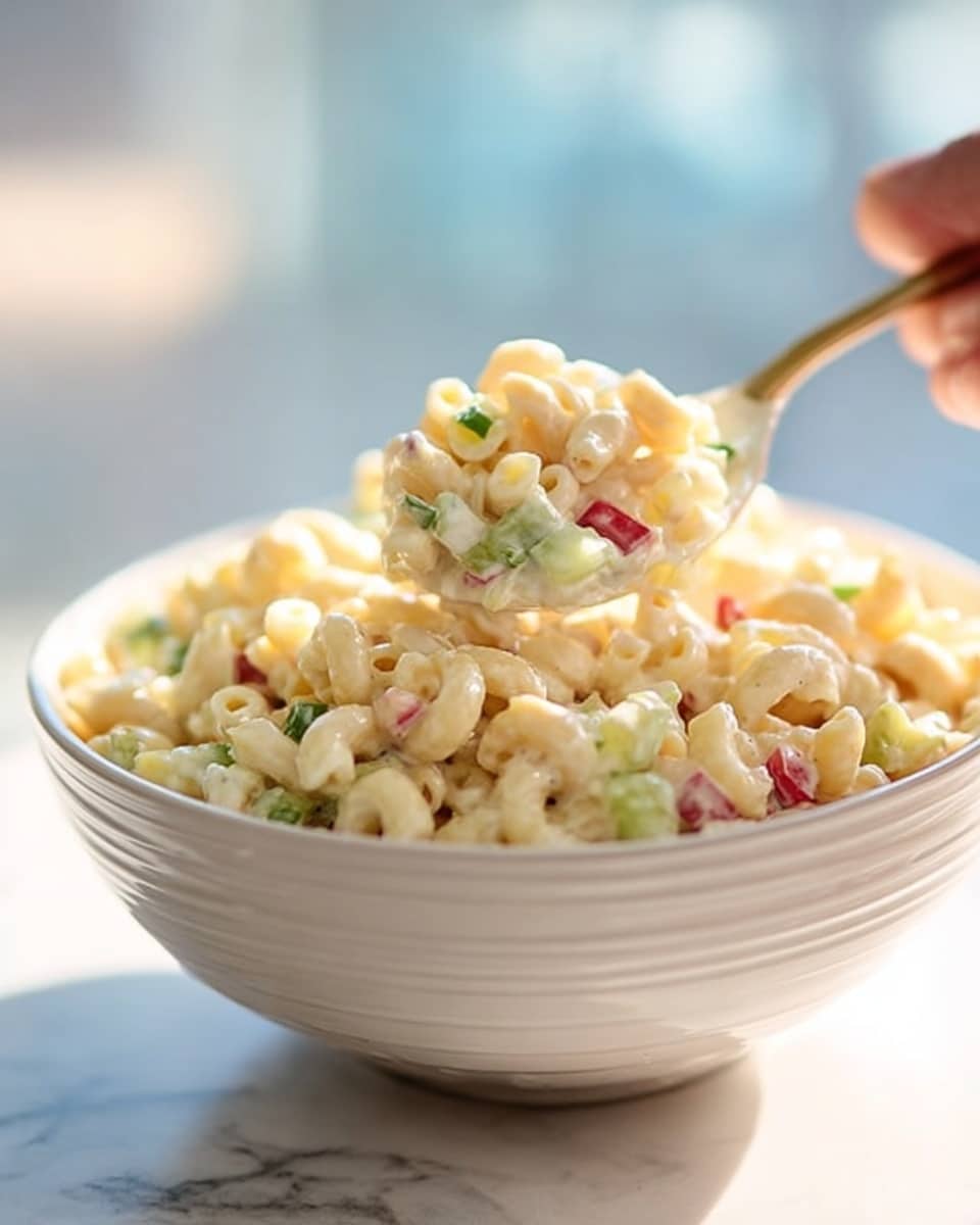 This image shows a white, glossy bowl filled with creamy macaroni salad. The salad has multiple layers visible: the top layer has small elbow macaroni coated in a light yellow creamy dressing, mixed with bits of red and green vegetables like finely chopped celery and perhaps red bell pepper. The textures look soft and smooth with small crunchy vegetable pieces. A white spoon is scooping some salad, held by a woman's hand, from the bowl. The bowl sits on a white marbled surface, softly lit with natural light, creating a fresh and appetizing look. Photo taken with an iphone --ar 4:5 --v 7