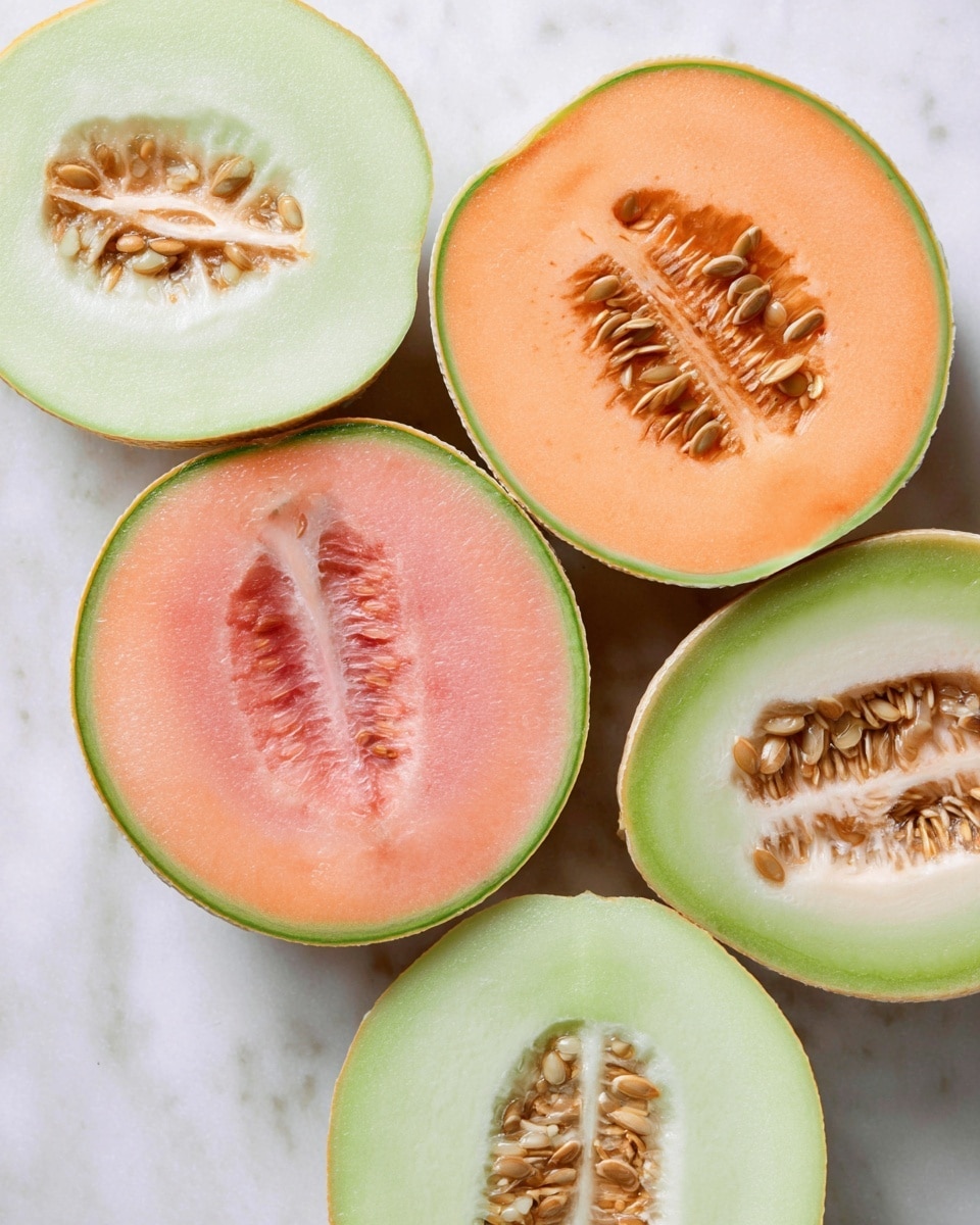 A clear glass bowl sits on a white marbled surface, filled with three layers of round melon balls: red watermelon on the left, green honeydew in the middle, and orange cantaloupe on the right. Above the bowl, a woman's hand holds a small clear glass cup, pouring light yellow liquid over the melon balls with some droplets visible in mid-air. A bit of green leafy garnish is visible in the background on the white marbled surface. photo taken with an iphone --ar 4:5 --v 7