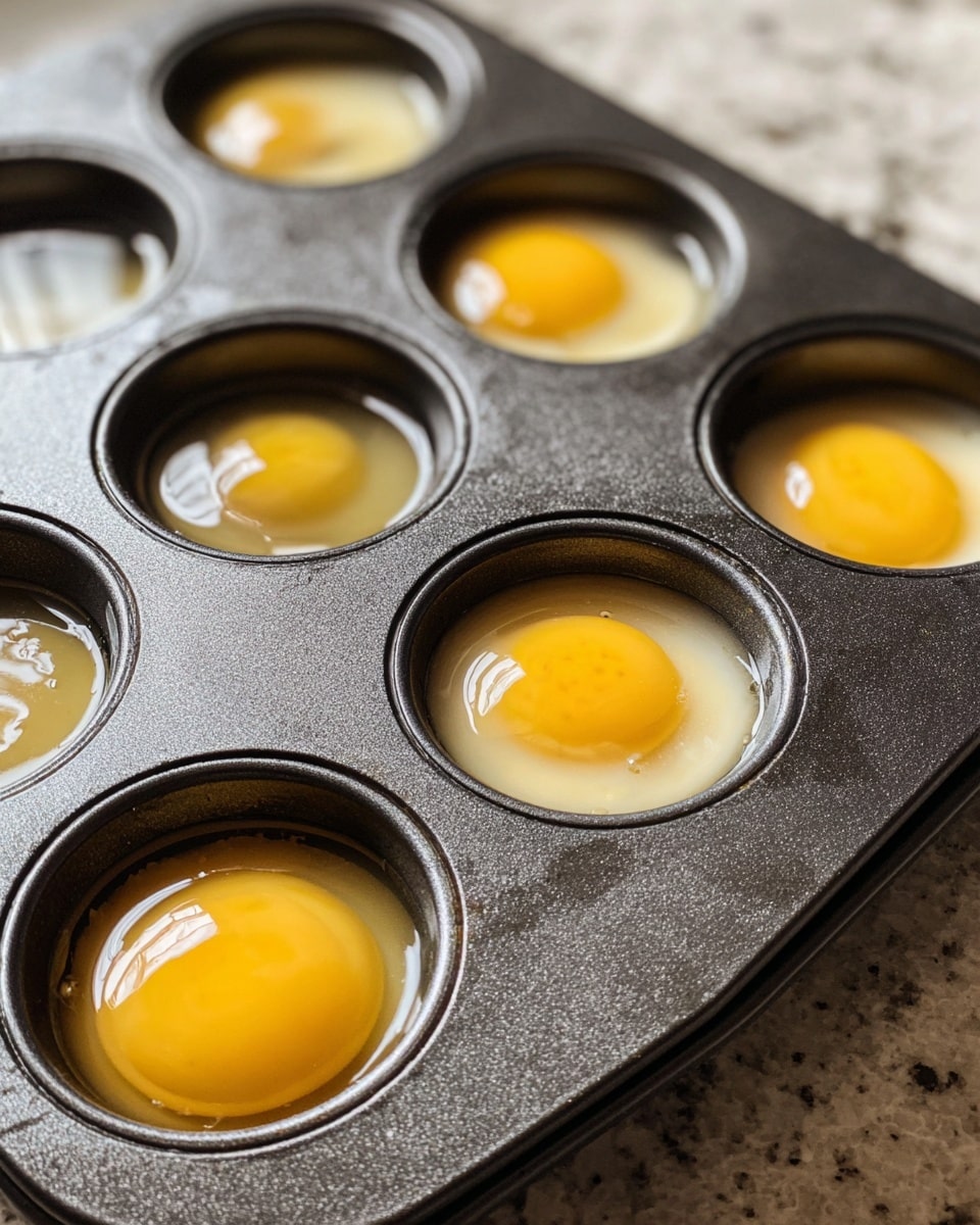 The image shows a dark metal muffin tin with twelve round cups, four of which have raw eggs cracked inside them. Each egg has a bright yellow yolk sitting in the middle, surrounded by clear egg whites. The muffin tin has a slightly shiny, textured surface, and the background includes a white marbled countertop. The close-up angle highlights the individual egg cups and their glossy contents. photo taken with an iphone --ar 4:5 --v 7