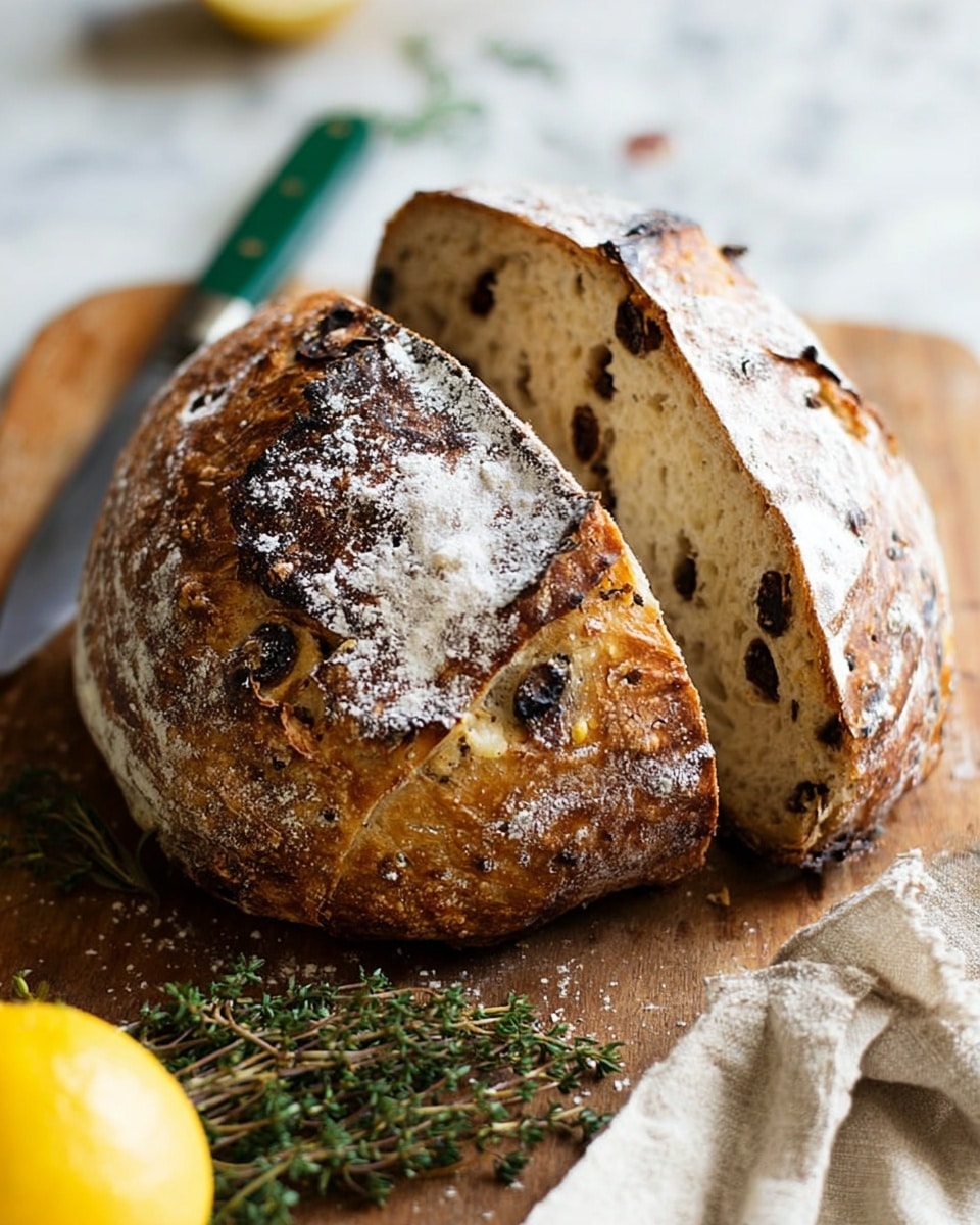 The image shows a round loaf of bread with a thick, golden brown crust dusted lightly with white flour. The loaf is sliced, revealing a soft, light inside with dark spots that look like olives or dried fruit embedded inside. The bread rests on a wooden board with fresh green thyme sprigs nearby and part of a yellow lemon visible at the bottom left. A knife with a green handle is slightly blurred in the background, and a beige cloth lies at the bottom right. The background surface has been changed to a white marbled texture. photo taken with an iphone --ar 4:5 --v 7