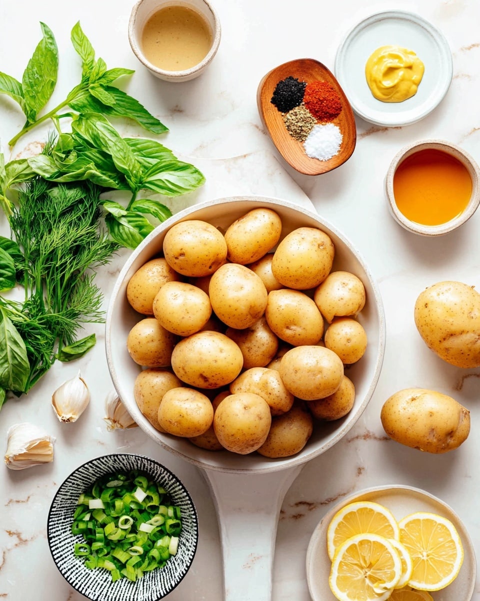 A large white bowl filled with many small light brown potatoes is in the center right of the image, with one potato placed outside the bowl on a white marbled surface. Surrounding the bowl are various small bowls and plates: a small wooden bowl with three spices (red, black, and white) at the top center, a small white plate with a dollop of yellow mustard above the potatoes, a small beige bowl with light brown liquid to the upper right, and a tiny bowl with orange-yellow liquid near it. On the left side, fresh green herbs including basil, dill, and mint are laid out on a white marbled board with two garlic cloves and half a lemon slice nearby. In the bottom left corner, a small black and white patterned bowl is filled with chopped green onions, and at the bottom right, a small white plate holds two lemon slices. The entire scene is bright and fresh with a clean, white marbled surface as the background. Photo taken with an iphone --ar 4:5 --v 7