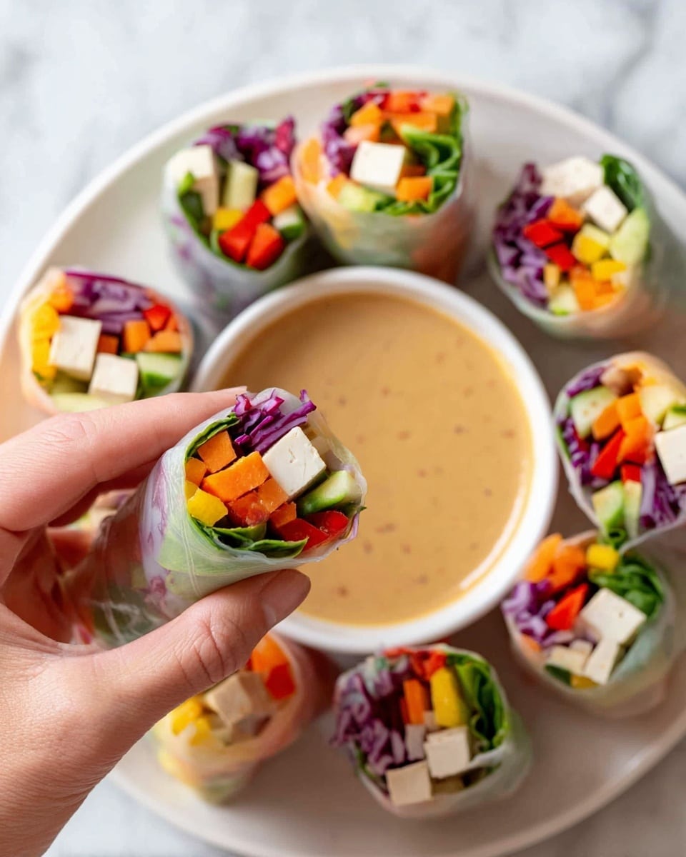 A woman's hand is holding a fresh spring roll close to the camera, showing its cross-section with colorful layers including white tofu cubes, bright orange carrot strips, green leafy vegetables, red bell pepper pieces, and purple cabbage tightly wrapped in translucent rice paper. Below, there is a white round plate with several whole spring rolls standing upright around a small white bowl filled with creamy beige peanut sauce. The background is a white marbled surface. photo taken with an iphone --ar 4:5 --v 7