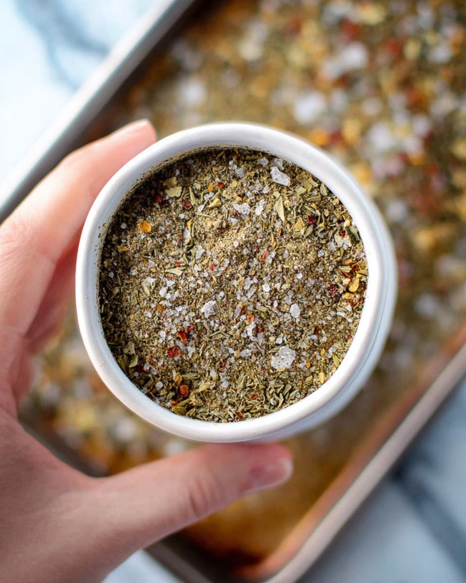 A close-up view shows a white ceramic jar filled with a dry spice mix made of small green dried herbs, coarse white salt crystals, and tiny pieces of red and yellow spices. A woman's hand holds the jar from the side, with fingers visible gripping the smooth surface. In the blurred background, a metal tray with a similar spice mixture spread in it rests on a white marbled surface. The image is shot from above, focusing on the texture and colors of the spice mix inside the jar. photo taken with an iphone --ar 4:5 --v 7
