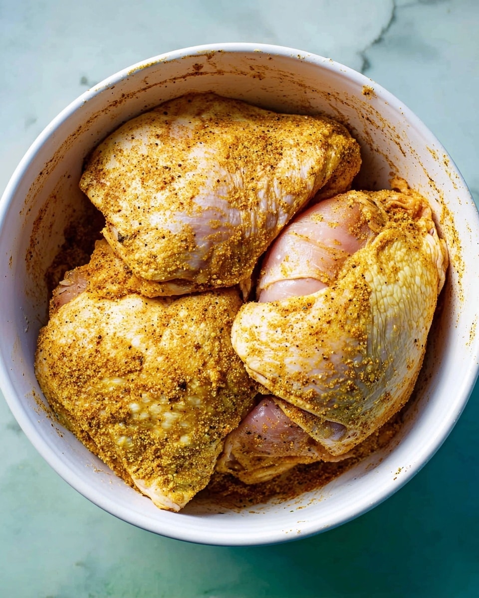 The image shows four pieces of raw chicken thighs stacked closely inside a white bowl, each piece covered with a layer of yellowish-brown spice mix with visible flecks of darker seasoning. The skin of the chicken is slightly shiny and smooth with a few folds, and the spice mix is unevenly spread, leaving some parts lighter. The bowl is filled almost to the top and sits on a white marbled surface visible on the sides. photo taken with an iphone --ar 4:5 --v 7