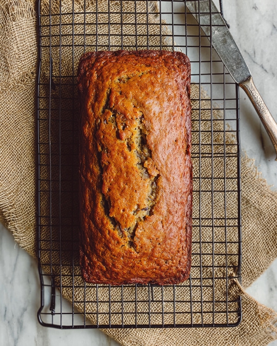 A single rectangular loaf of banana bread with a golden brown, slightly textured top that shows some small cracks and darker spots indicating baked bananas or nuts inside. The loaf sits directly on a black wire cooling rack, which rests on a beige burlap cloth, all placed on a white marbled surface. To the right side of the rack, there is a vintage silver knife partially visible. The photo is taken from above, showing the whole loaf and the surrounding elements clearly. photo taken with an iphone --ar 4:5 --v 7