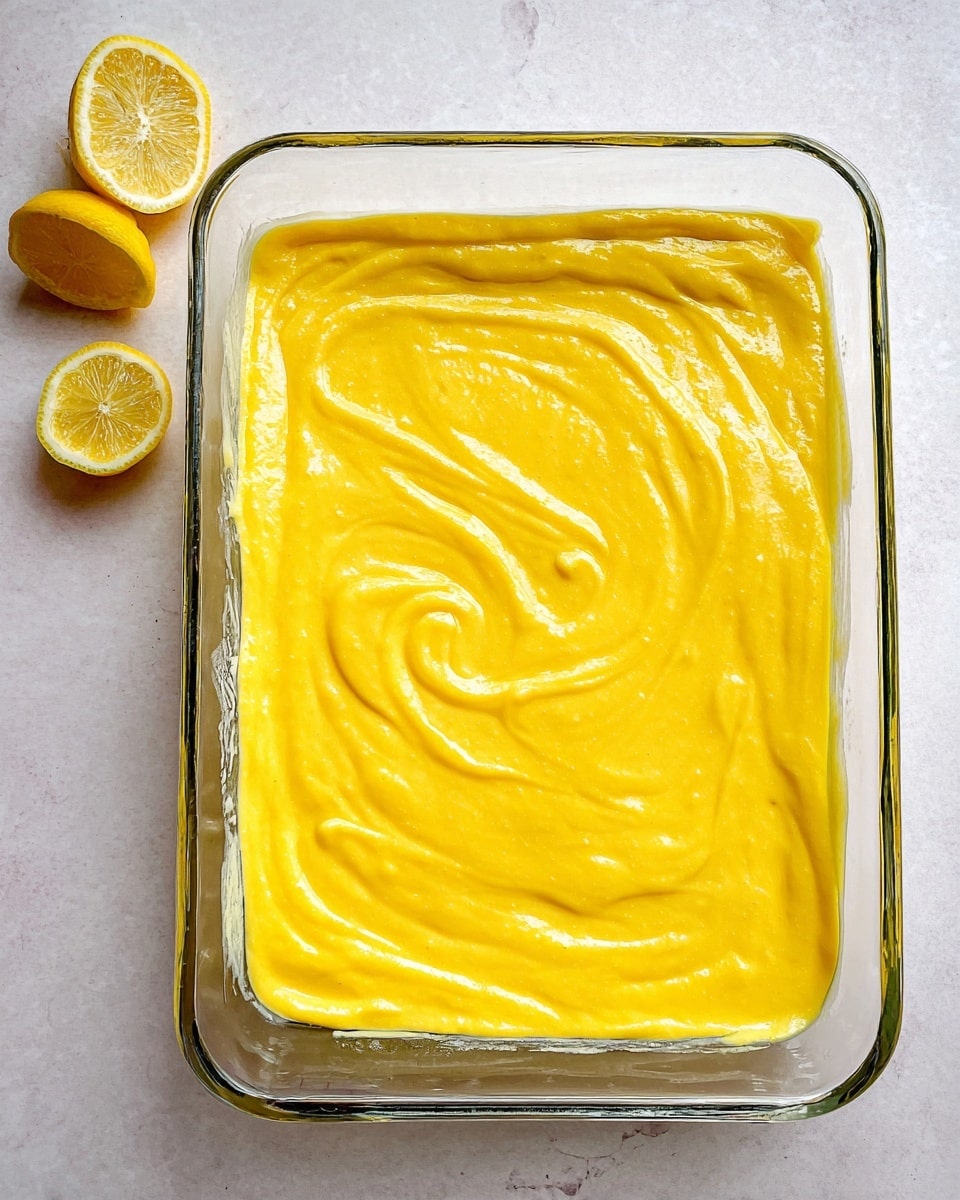 A clear glass rectangular baking dish filled with one thick, smooth layer of bright yellow creamy batter, spread evenly inside, sitting on a white marbled surface. Two lemon halves, one showing the inside pulp and the other sliced crosswise, are positioned near the top left corner of the dish, adding a fresh, citrus feel to the scene. The batter appears glossy and dense with some gentle swirls visible on the surface. photo taken with an iphone --ar 4:5 --v 7