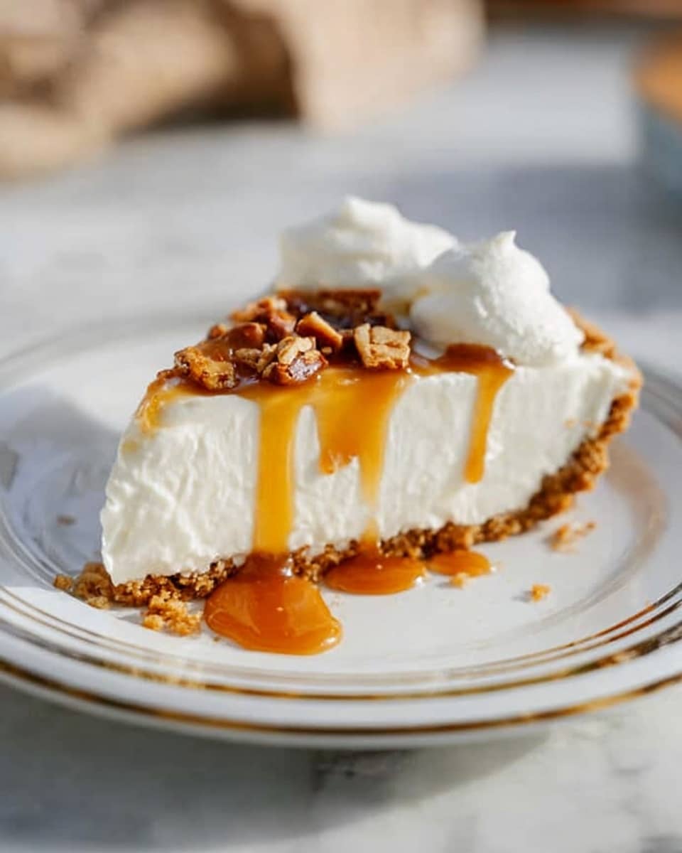 A single slice of creamy white pie with a light brown crumbly crust at the bottom sits on a white plate with thin gold rings. The pie has two dollops of white whipped cream on top, behind the slice. Thick amber caramel sauce drips over the top and down the sides, pooling slightly on the plate beneath. Small pieces of nut or brittle are scattered on the caramel layer. The plate rests on a white marbled surface with soft natural light creating a calm atmosphere. Photo taken with an iphone --ar 4:5 --v 7
