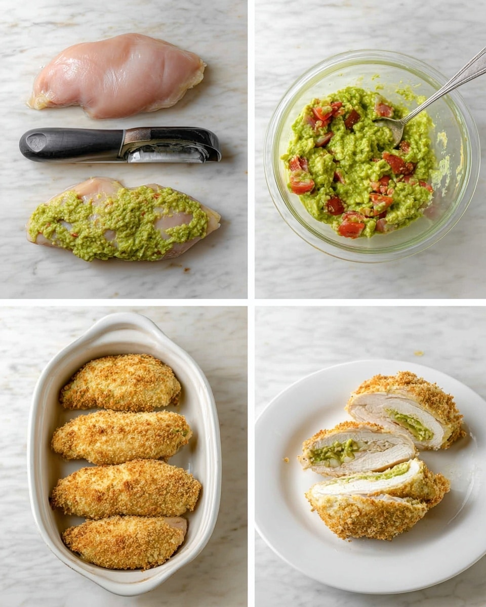 The image shows a step-by-step process of making a stuffed chicken dish on a white marbled surface. The first layer has two raw chicken pieces, one whole and one flattened with a meat tenderizer featuring a black handle beside them. The second layer shows a flattened chicken piece with a thick spread of green guacamole with chunks of red tomatoes on top, next to a glass bowl filled with guacamole and a silver spoon. The third layer displays four breaded chicken pieces inside a white oval baking dish, coated with a golden crumb mixture. The final layer shows a close-up of the cooked chicken pieces sliced open to reveal a white, tender inside stuffed with the green guacamole, placed neatly on a white plate. Photo taken with an iphone --ar 4:5 --v 7