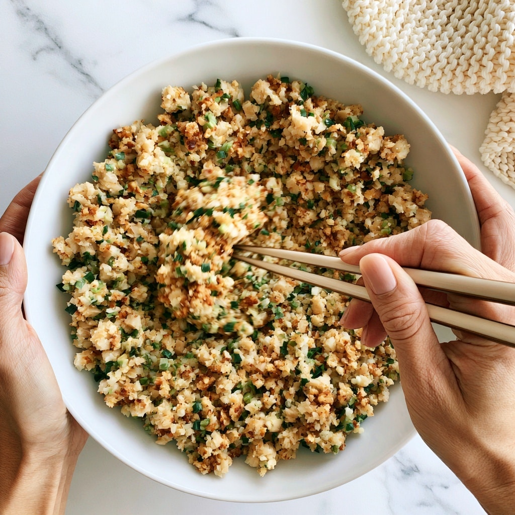 A white bowl filled with a mixture of chopped ingredients that include light beige, green, and brown colors, showing a chunky texture with small bits of food. The bowl is held by two hands at the sides, and one woman's hand is using a pair of chopsticks to stir the mixture clockwise inside the bowl. A knitted cream cloth is partially visible in the top right corner on a white marbled surface. Text saying