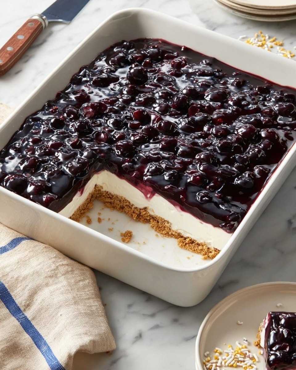 A white rectangular dish filled with a three-layer dessert. The bottom layer is a light brown crumbly crust, the middle layer is a smooth white cream, and the top layer is a thick, shiny dark purple fruit topping with visible whole berries that look like blueberries. One square piece is missing from the corner, showing all three layers clearly. The dish is placed on a white marbled surface with a beige towel with blue stripes and a knife nearby. In the bottom right corner, there is a white plate with a small portion of the dessert and some sprinkles on top. Photo taken with an iphone --ar 4:5 --v 7
