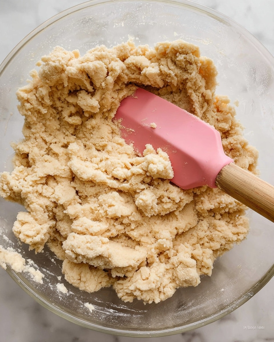 A close-up view of crumbly dough in a clear glass bowl, showing a rough texture with small clumps in light beige color, and a pink silicone spatula with a wooden handle resting in the dough. The dough looks thick and soft, filling most of the bowl, all set on a white marbled surface. photo taken with an iphone --ar 4:5 --v 7
