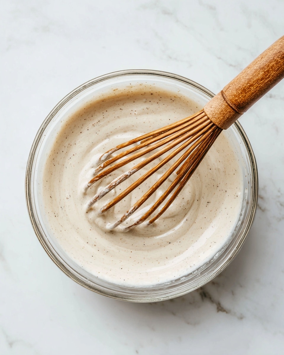 A clear glass bowl containing a creamy light beige mixture with tiny dark specks throughout. A whisk with a wooden handle is partially submerged in the mixture, lifting up some of it and creating soft peaks and swirls on the surface. The bowl rests on a white marbled surface. photo taken with an iphone --ar 4:5 --v 7