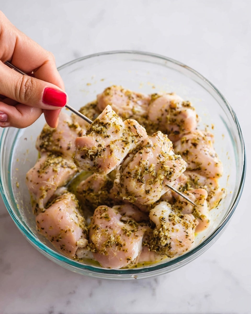 A clear glass bowl filled with pieces of raw chicken coated with a light green herb and oil marinade. The chicken pieces are pale pink with a speckled texture of herbs in green and black. A woman's hand with red nail polish is holding a metal skewer piercing through several pieces of the marinated chicken, lifting it above the bowl. The background is a white marbled surface. photo taken with an iphone --ar 4:5 --v 7