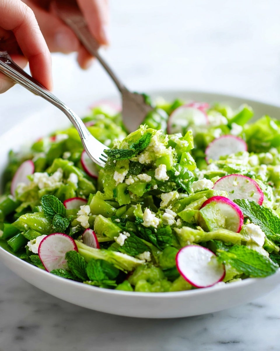 A close-up image of a bright green salad served in a white bowl on a white marbled surface. The salad has many chopped layers of fresh green vegetables, thinly sliced radishes with red edges and white centers, small white cheese pieces, and mint leaves placed on top. Two silver forks held by a woman's hand are picking up a tidy mound of salad, showing the fresh and crunchy texture of the green vegetables and the moist details of the cheese and herbs. The scene is brightly lit, highlighting fresh colors and textures. photo taken with an iphone --ar 4:5 --v 7