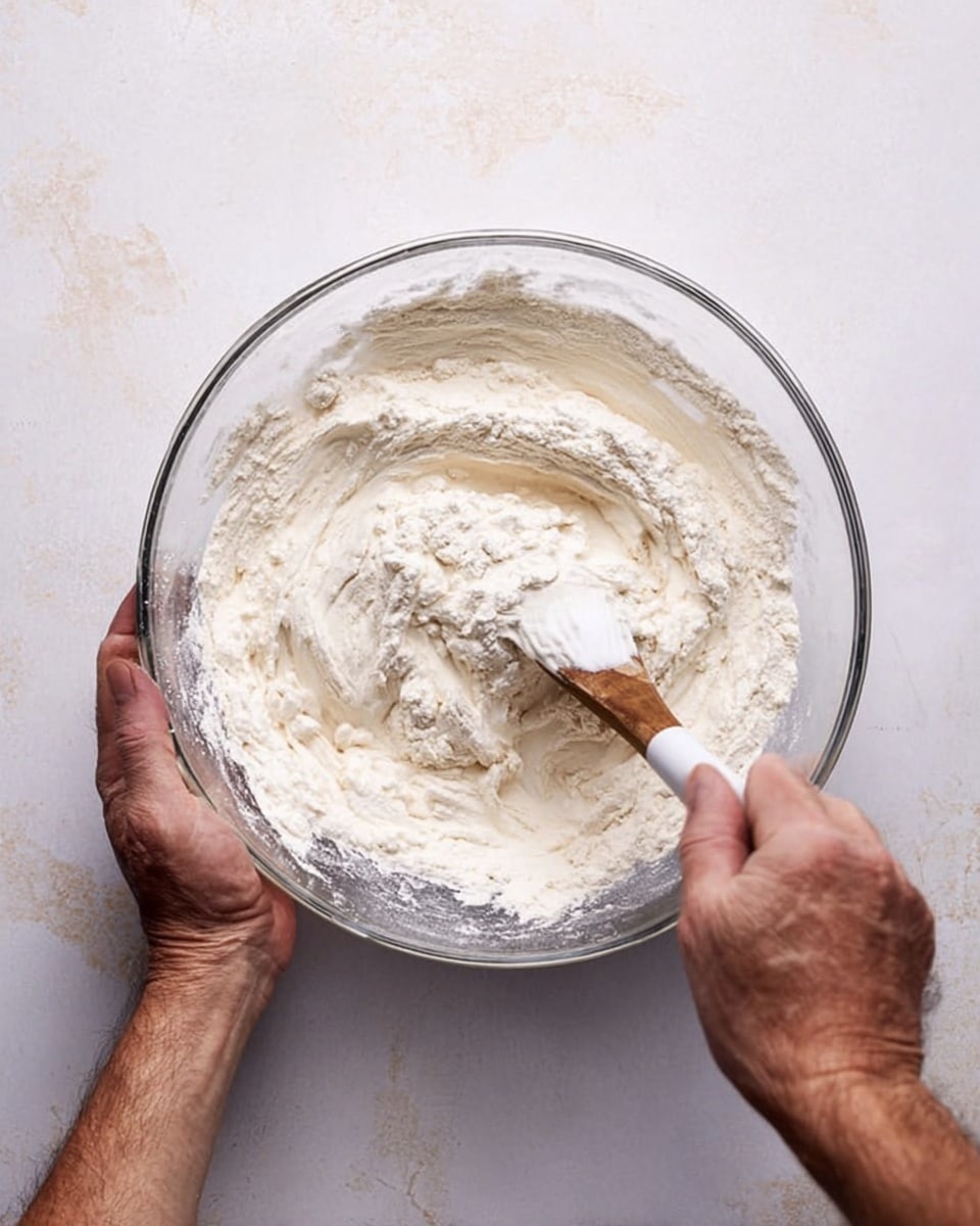 A clear glass bowl is filled with white flour and a creamy white batter being mixed together. A person's left hand holds the bowl steady from the right side, while their right hand stirs the mixture with a wooden spatula that has a white silicone tip. The bowl sits on a white marbled surface, and the image focuses on the thick texture of the flour and batter blending. photo taken with an iphone --ar 4:5 --v 7