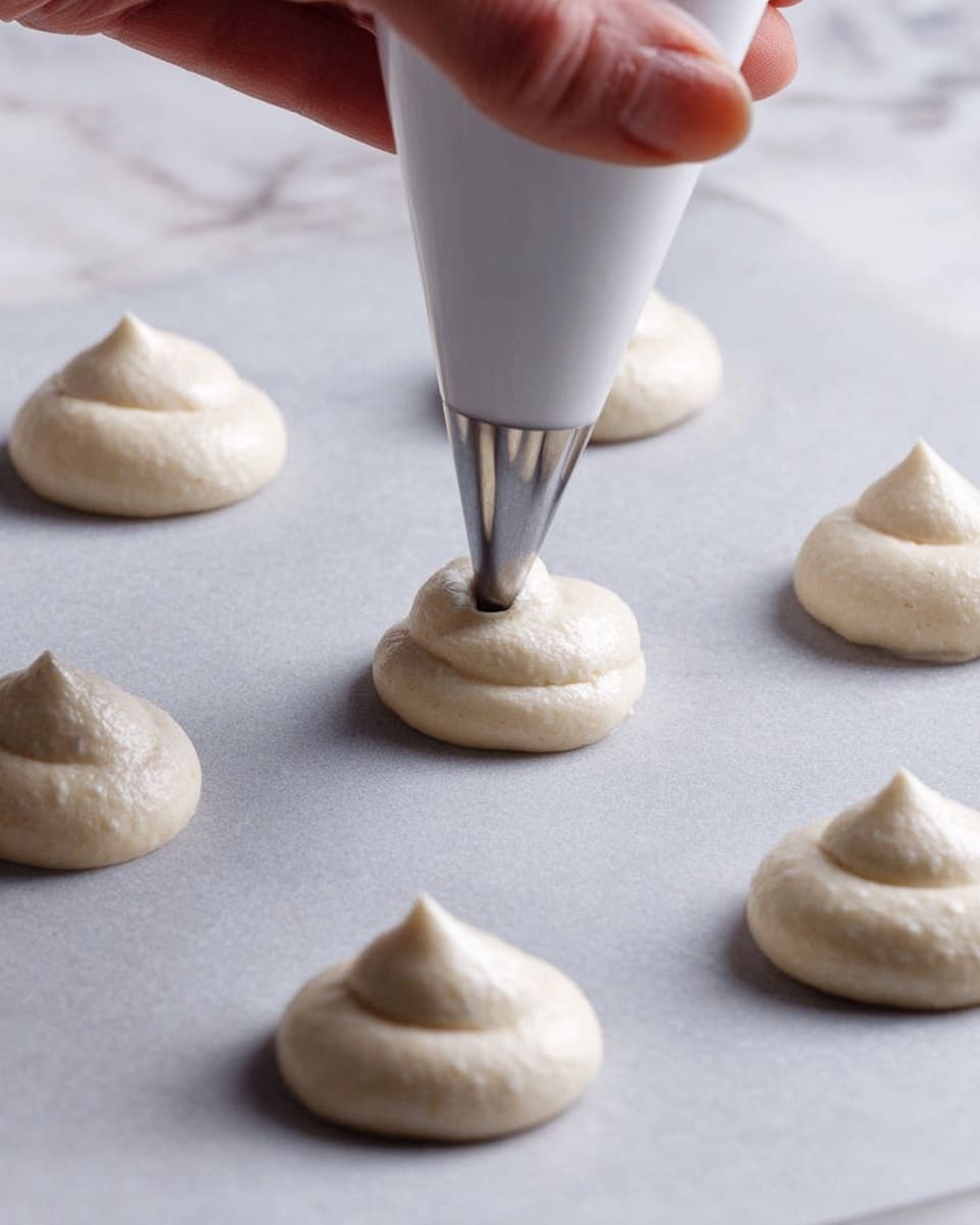 A close-up view of a white piping bag with a metal tip squeezing out small, round dollops of pale, smooth batter onto a sheet of parchment paper. Each dollop has a soft peak in the center, and six dollops can be seen arranged in a loose pattern on the paper. A woman's hand holds the piping bag from above, positioning it close to the parchment. The background is a white marbled texture, keeping the focus on the batter and piping action. Photo taken with an iphone --ar 4:5 --v 7