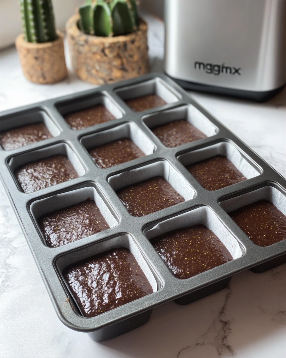 The image shows a dark gray metal baking pan with twelve square sections filled with smooth, thick, dark brown batter that has a slightly shiny texture and small specks inside, ready to be baked. Each square is lined with small pieces of white parchment paper on two opposite sides to help lift out the baked goods later. The pan is placed on a white marbled surface, and in the background, there is a silver and white kitchen appliance with the brand name