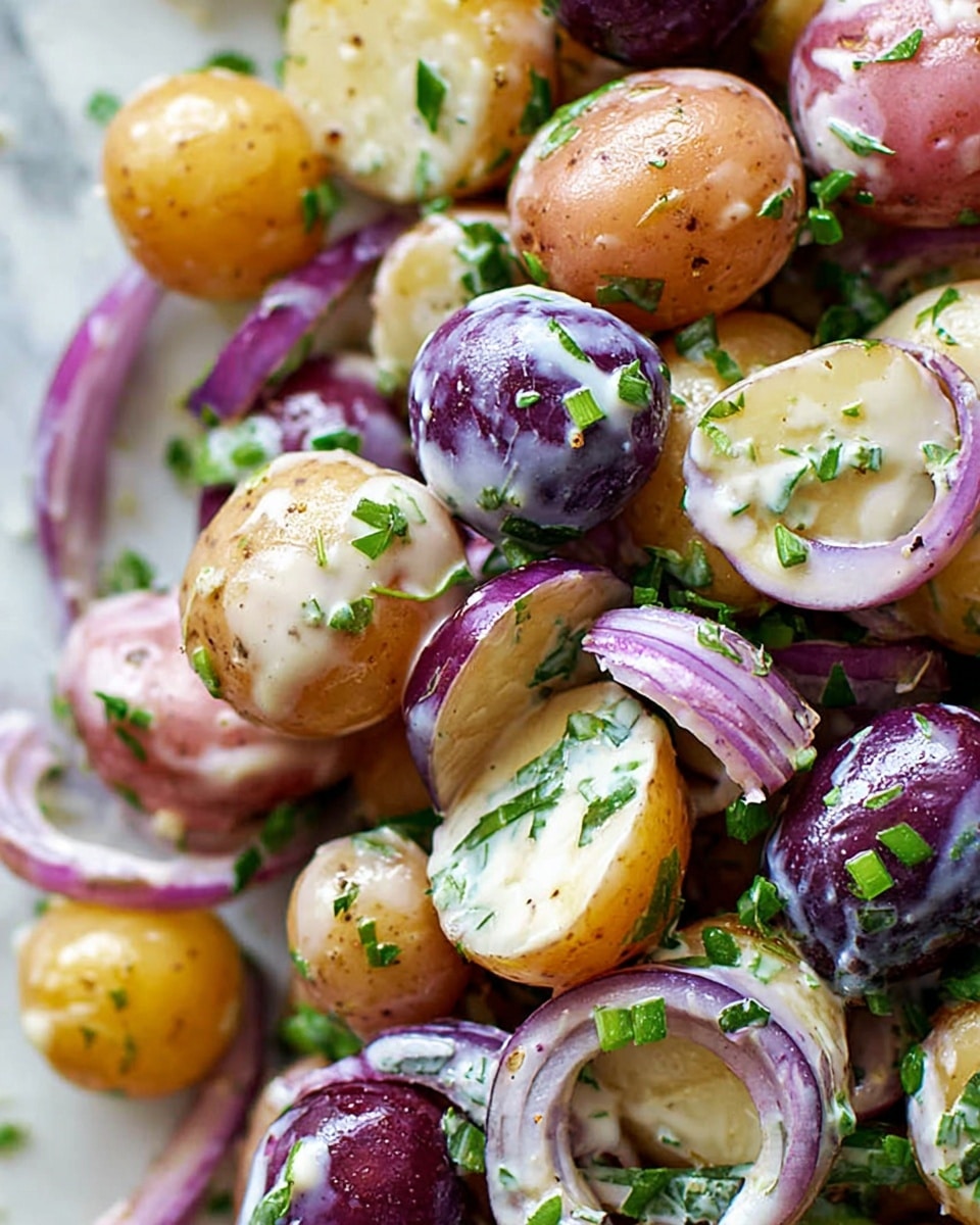 The image shows a close-up of a potato salad with several layers: small round potatoes in light brown, yellow, red, and purple colors, some whole and some sliced in half, coated with a creamy white dressing that has a smooth texture. Thin slices of purple-red onion are scattered among the potatoes, adding a slightly curved shape and translucent quality. Fresh green chopped herbs are sprinkled throughout, giving a pop of color and fresh texture. The background is a white marbled surface that softly blurs to keep the focus on the salad. photo taken with an iphone --ar 4:5 --v 7