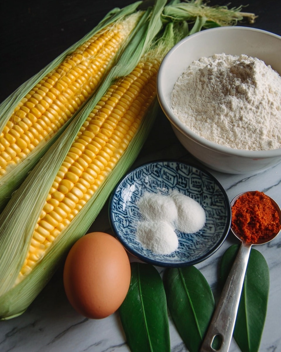 The image shows two ears of yellow and white corn with green husks partially peeled back, placed diagonally on a dark surface next to a white bowl full of flour. In front of the bowl is a small white and blue patterned plate holding two small piles of white powder, one fine and the other slightly larger. To the right of the plate is a brown egg, and below the plate are two shiny green leaves. A metal measuring spoon with a reddish paste is placed next to the egg on the right. The background surface is changed to white marble texture. Photo taken with an iphone --ar 4:5 --v 7