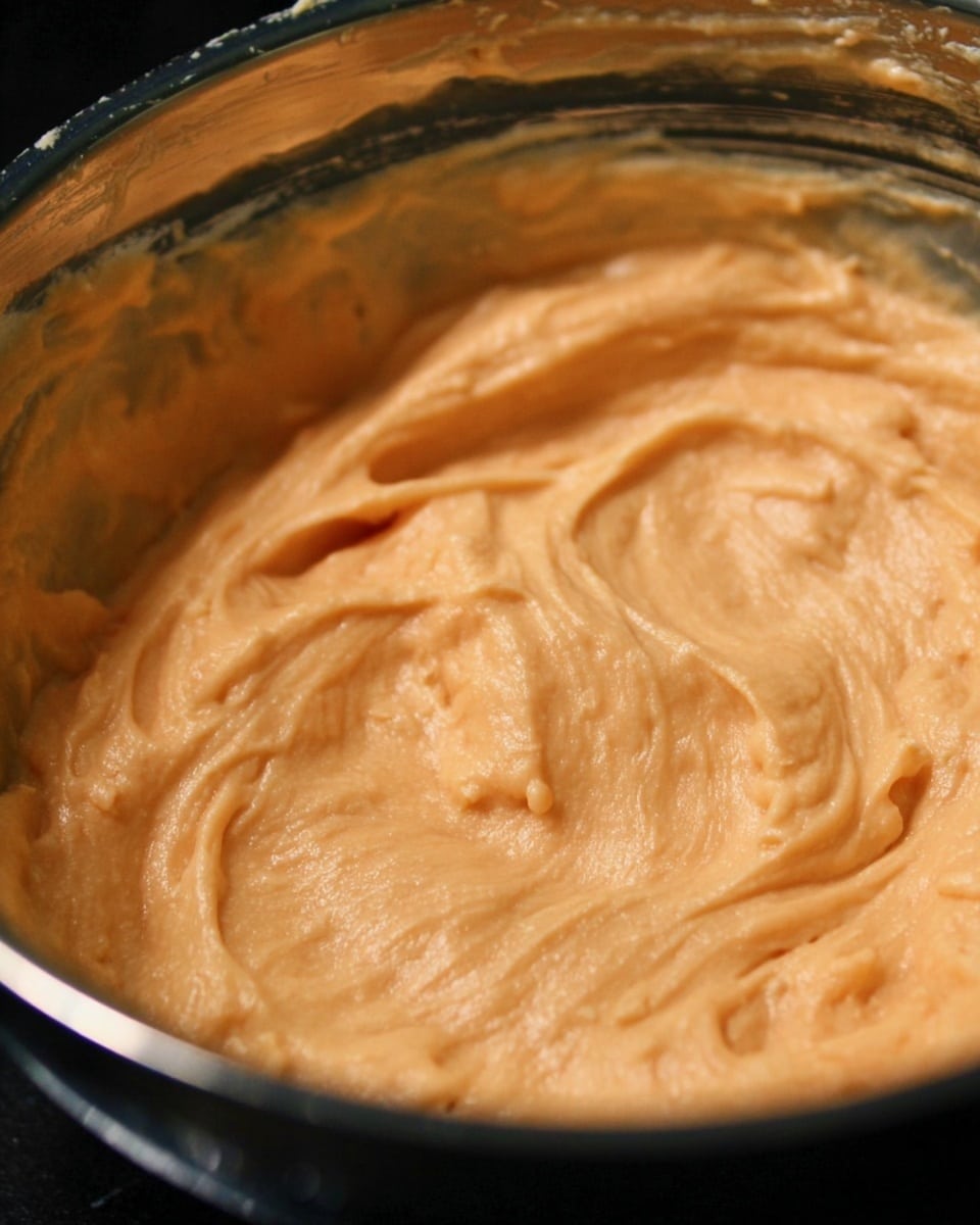 The image shows a close-up view of a creamy, light orange mixture inside a clear glass bowl. The texture of the mixture is smooth with some soft, small lumps visible. There are swirls and peaks created by stirring, giving it a thick and spreadable appearance. The glass bowl has a shiny rim that reflects light, and the background is dark, emphasizing the color and texture of the mixture. Photo taken with an iphone --ar 4:5 --v 7