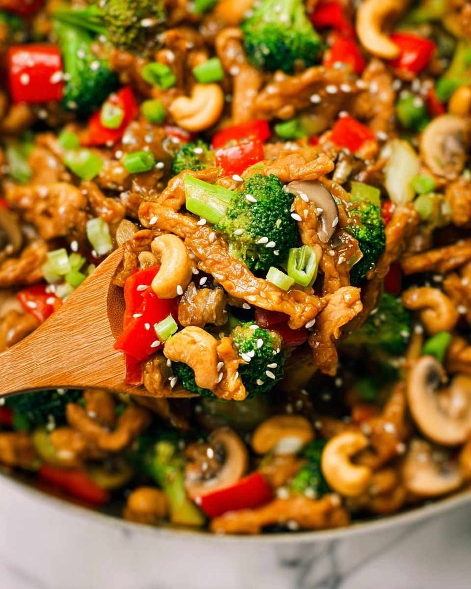 This close-up image shows a colorful stir-fry dish with multiple layers of ingredients. The base layer has small pieces of green broccoli florets mixed with light brown mushroom slices and white cashew nuts. Scattered around are bright red bell pepper chunks and small diced green onions sprinkled on top. The main layer features golden-brown crispy strips of plant-based protein, mixed evenly with the vegetables. White sesame seeds are sprinkled across the dish, adding texture. A wooden spoon scoops a portion from the mix, holding a piece of broccoli, protein strip, and some diced vegetables. The background is a white marbled surface. photo taken with an iphone --ar 4:5 --v 7